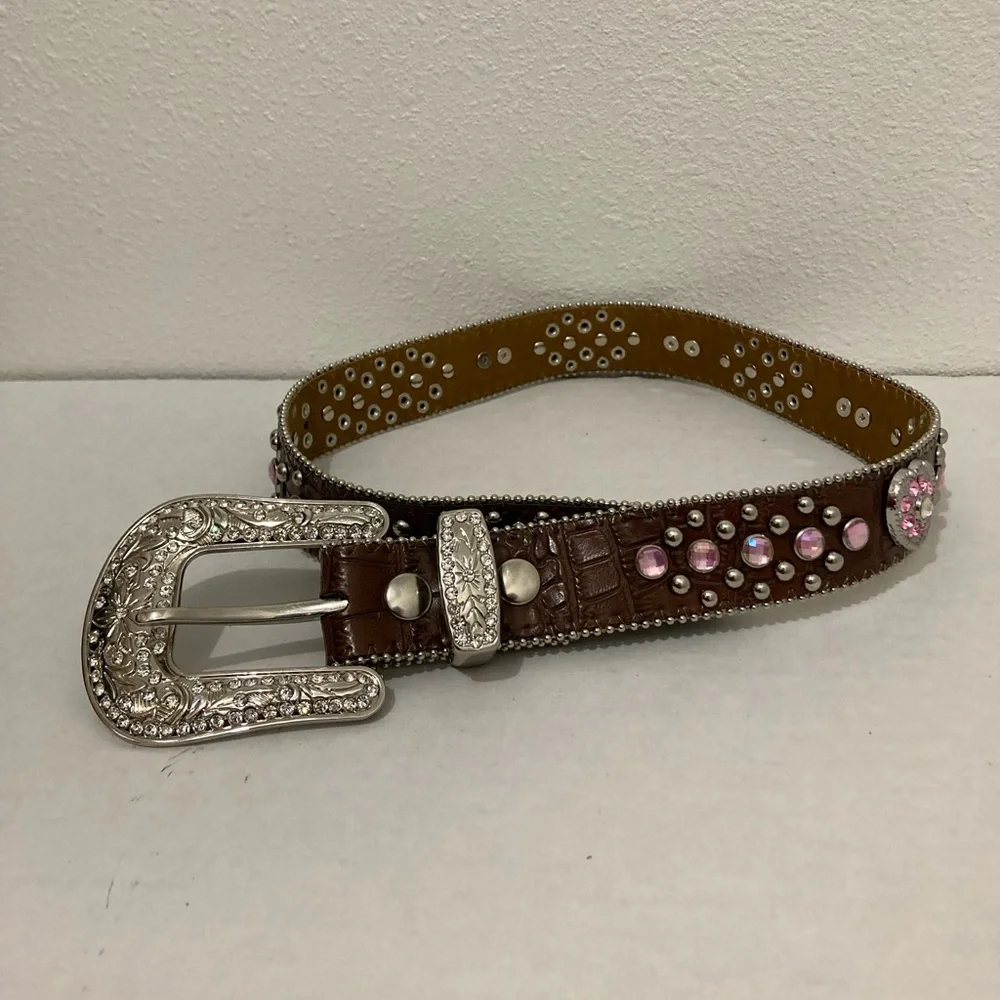 Girl's Sparkle Pink Heart 💖 Western-style Brown Leather Belt Rhinestone